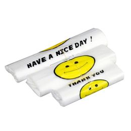 50 -stcs/pack 20x32cm Carry Out Bags Smile Gift Bag Retail Supermarkt Supermarkt Kruidenier Plastic zakken met handvat voedselverpakkingen