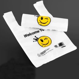 50 -stcs/pack 9 maten Voertassen Smile Geschenktas Retail Supermarkt Supermarkt Kruidenier Plastic zakken met handvat voedselverpakkingen