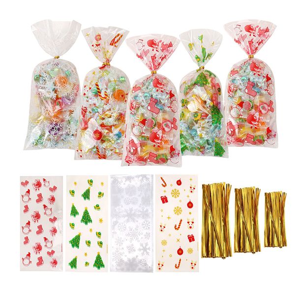 Sac cadeau Transparent de noël, 50 pièces/paquet, sac d'emballage de bonbons et de biscuits, Opp avec attache de câble doré, en plastique Transparent plat