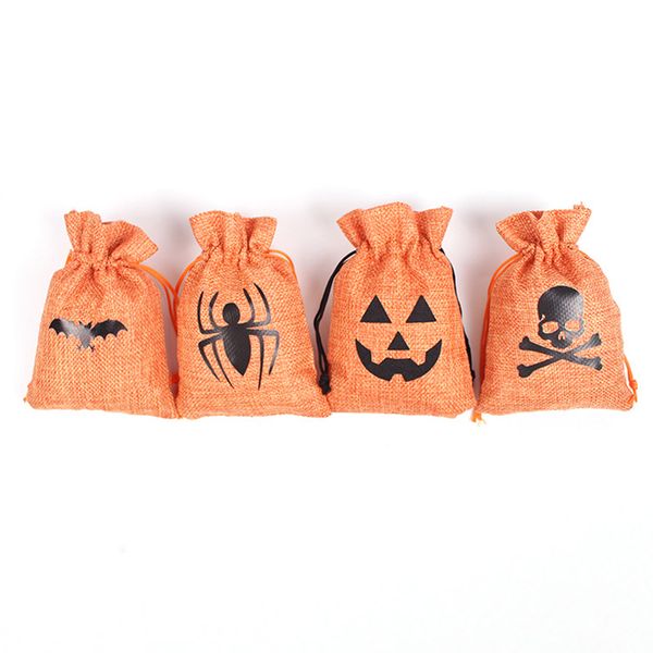 50pcs/paquete de regalo de regalo de Halloween Bat calabaza calavera lino arpillera arpillera con cordones de dulces bolsas de bolsillo bolsas de almacenamiento bolsas de almacenamiento de galletas