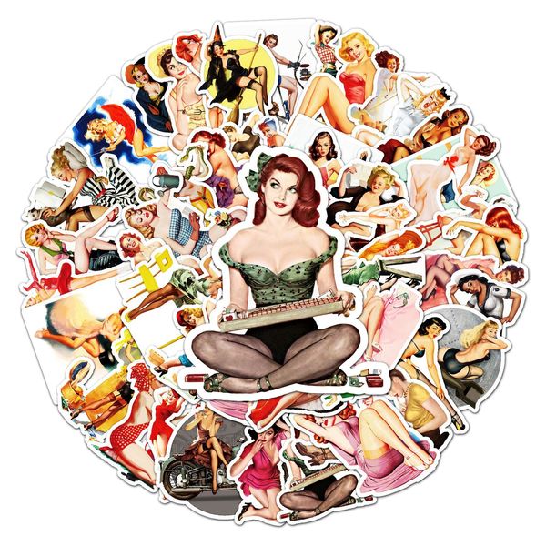 50pcs-pack vintage pin-up filles autocollants autocollants étanches pour bouteille ordinateur portable planificateur de voiture scrapbooking téléphone macbook tasse garde-robe mur porte organisateur décalcomanies