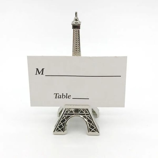 50pcs Tema de París Favores de boda Silver terminado Eiffel Tower Luga Soporte de tarjetas Decorativas de la mesa Tarjetas de nombre de la foto ZZ