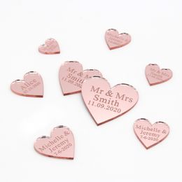 50pcs personnalisé gravé acrylique miroir coeur d'amour avec trou cadeau étiquettes de mariage table de fête confettis décor centres de table faveurs 201203