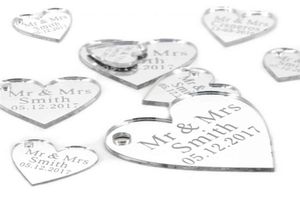 50pcs Miroir acrylique gravé personnalisé Love Heart With Hole Gift Tags Table de la fête de mariage Confetti Decor Centre Centre Favors G8375851