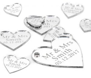 50pcs Mirror acrílico grabado personalizado Heart With Hole Gift Tags Farty Table Table Confetti Centergors Favores G2393697