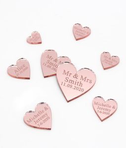 50pcs Miroir acrylique gravé personnalisé Love Heart With Hole Gift Tags Table de la fête de mariage Confetti Decor Centre Centre Favors 29784175