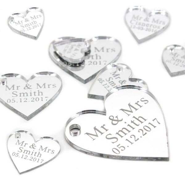 50pcs Coeur de miroir acrylique gravé gravé gravé avec le trou Tags cadeau Tags de mariage Table de mariage Confetti décor Centerpieces Favors 210408