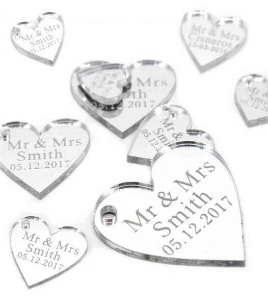 50pcs Miroir acrylique gravé personnalisé Love Heart With Hole Gift Tags Table de la fête de mariage Confetti Decor Centre Centre Favors G4546831
