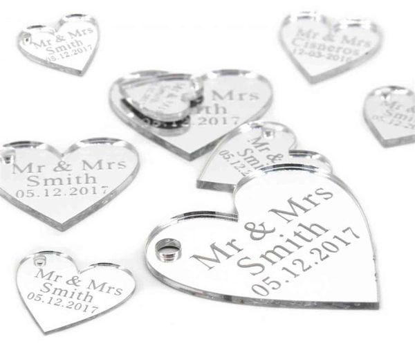 50pcs Miroir acrylique gravé personnalisé Love Heart With Hole Gift Tags Table de la fête de mariage Confetti Decor Centre Centre Favors G2393697