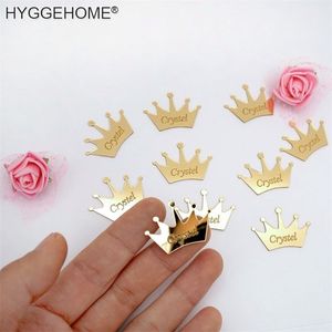 50 stks Gepersonaliseerde Mirror Crown Wedding Tags Table Center Decoration Card Acryl Naam Sign Stickers Party Gunsten Laser Cut Gift 211216