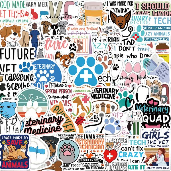 Autocollant vétérinaire d'hôpital pour animaux de compagnie, étiquette Graffiti, étiquette de dessin animé, pour ordinateur portable, téléphone portable, valise murale, voiture, DIY bricolage, 50 pièces