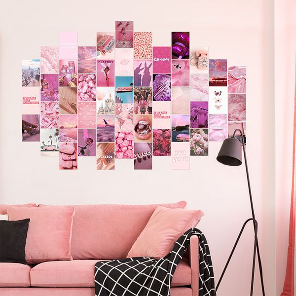 50pcs image esthétique rose pour les kits d'impression de collage mural décor de chambre de couleur chaude pour les filles impressions d'art mural pour affiche de dortoir de chambre 210310