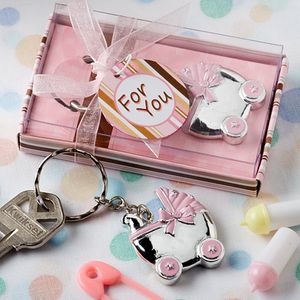 50 stks Baby Girl Douche Gunsten Roze Wagen Sleutel Hangers in Gift Box Pasgeboren Doop Souvenir Verjaardagsfeestje Giveaways voor gast