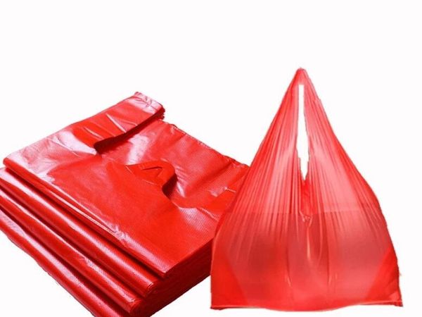 Bolsa de plástico roja de 50 Uds., bolsa de compras de regalo para supermercado, bolsa gruesa con asa, bolsa de chaleco, almacenamiento de cocina