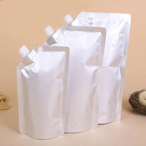 50 stks Herbruikbare Beverage Nozzle Opbergzakken Silver Stand Up Tuit Pouches Metallic Mylar Milk Pakket met gratis Gift Funnelgoods