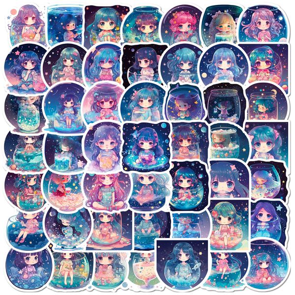 50 PCS Starry Girl Graffiti Autocollants Anime Clair De Lune Autocollants Étanche Amovible Bagages Cahier Bouteille D'eau Téléphone Réfrigérateur DIY Stickers Enfants Paster Jouet