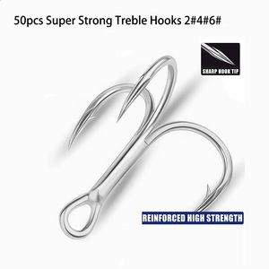 50pcs Super Strong Treble Crochets 2 # 4 # 6 # High Carbon Steelhooks Saltwater Triple Fishing Crows Barbed Pisxage Sharp Tackle 240328