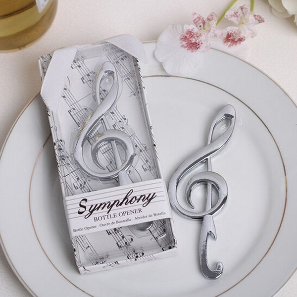 50PCS WeddingBridal Shower Favors Thème Symphony Silver Solid Metal Music Note Ouvre-bouteille avec boîte-cadeau élégante Emballage Bar Party Supplies
