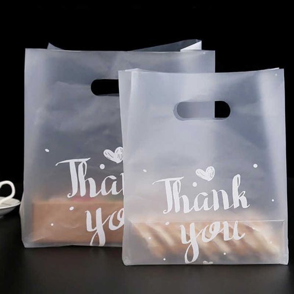 50pcs Merci cuisson cadeau emballage sac en plastique avec poignée pain biscuit sacs à provisions portables fête présente biscuit gâteau 210724