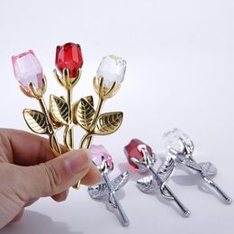 50 pcs Saint Valentin Cadeau Cristal Verre Rose Fleur Artificielle Argent Or Tige Rose Fleur pour Petite Amie Cadeaux De Mariage pour Invité