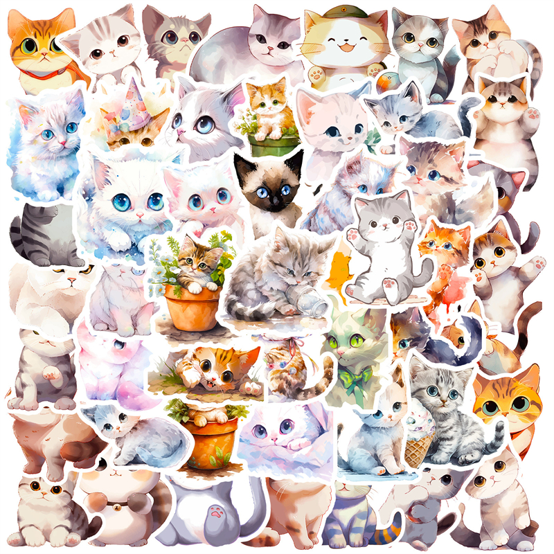 50Pcs Watercolor Style Cat Plant Stickers Cute Kitty Graffiti Kids Toy Skateboard Car Motorcycle Bicycle Sticker Decals