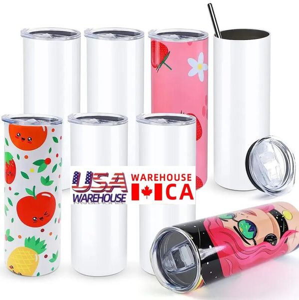 US / CA Entrepôt local 25 PCS / Carton 20oz Sublimation Blanks Tasse en acier inoxydable Tobe blanc droit avec les couvercles et les bouteilles d'eau de transfert de chaleur de paille 0521