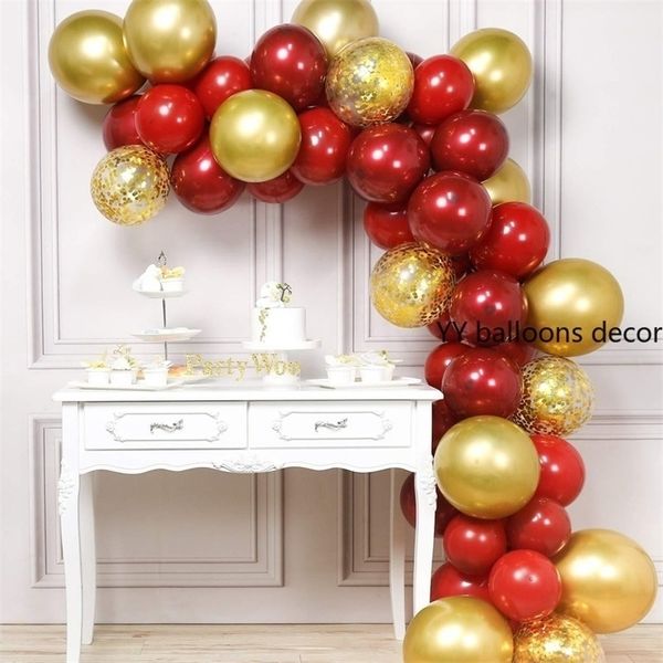 50pcs mariage ballon guirlande arc rouge or ballon rubis rouge ballon or confettis métal baby shower fête ballons décoration T200526