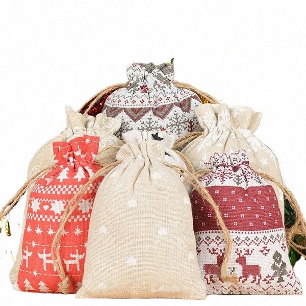 50 unids Venta al por mayor Feliz Navidad Tela de lino Bolsas con cordón 10 * 14 cm, 13 * 18 cm Almacenamiento pequeño Bolsas de bolsillo para niños Favores de fiesta o5WN #