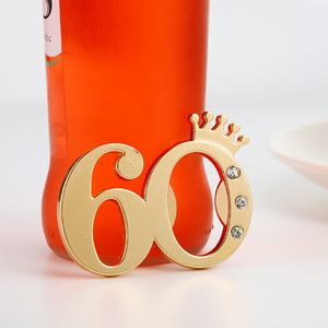 50PCS Wholesales Golden Wedding Favors Gold Crown Digital 60 Ouvre-bouteille de vin avec boîte-cadeau Emballé 60e anniversaire Cadeaux de fête