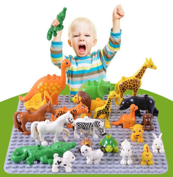 50pcslot duplo zoológico de animales grandes bloques de construcción iluminados juguetes infantiles lion jirafa dinosaurio legogylys ladrillos para niños regalo de juguete 7386849