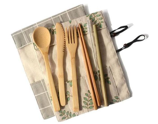 Livraison gratuite 50set ustensiles en bambou ensemble de couverts de voyage respectueux de l'environnement en bois extérieur portable ensemble de couverts en bambou cuillère fourchette baguettes