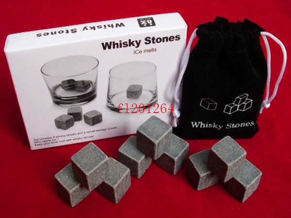 50 set/lote (9 unids/set), Envío Gratis, piedras para cubitos de hielo para whisky, rocas de esteatita, Enfriador de cerveza, gran regalo con bolsa de terciopelo