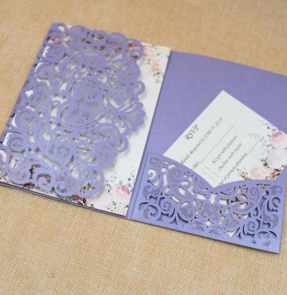 50 ensembles d'invitations de mariage romantiques violets avec cartes Rsvp carte de décoration de fête de mariage invitation d'anniversaire de mariée découpe Laser Invi5289545