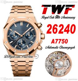 50 -jarig jubileum A7750 Automatische chronograaf Heren Watch 2624 ETA 41 mm Rose Gold Blue Tekst Stick Dial Stainless Steel Bracelet Oak Super Edition Puretime G7