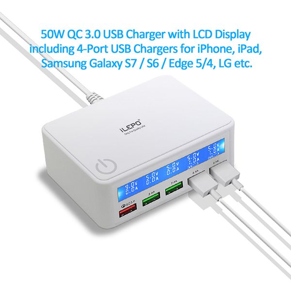 Chargeur USB 50W QC 3.0 avec écran LCD comprenant des chargeurs USB à 5 ports pour tablettes de téléphone intelligent téléphone portable