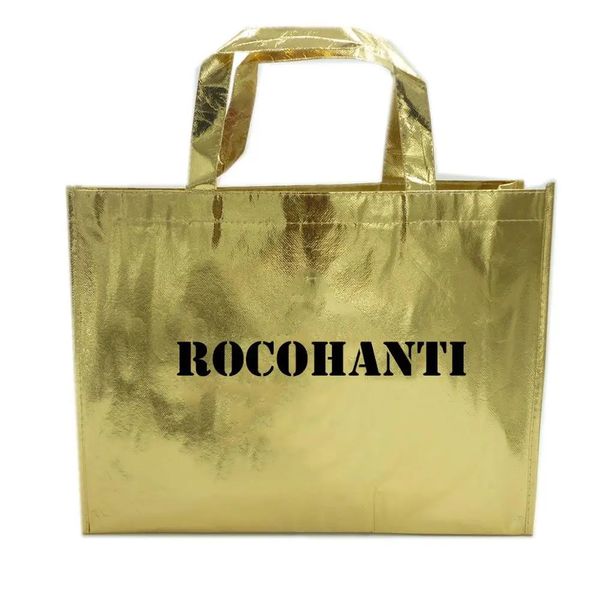 50x Sac fourre-tout à tissu Shinny Metallic Silver Gold à imprimé personnalisé Grands sacs-cadeaux non tissés pour les faveurs de mariage de fête 240506