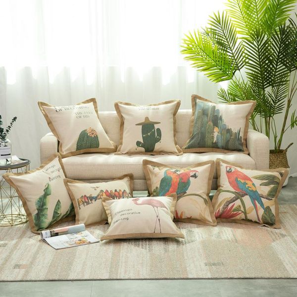 50x50/40x50cm Americal Country Retro Rcotton Linen Cactus Housse de coussin Perroquet Taie d'oreiller Jute Fringe Lombaire Oreiller Canapé Coussin/Décoratif