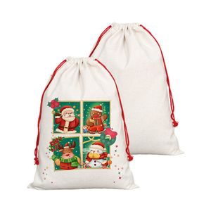 Sac de Noël vierge par sublimation 50 x 68 cm, sac cadeau en lin uni, décoration de Noël, très grande taille, sacs de rangement pour cadeaux de Noël avec cordon de serrage
