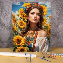 50x70cm de pintura de Ucrania por número de girasoles niña dibujando en lienzo arte de pared imagen para colorear números de decoración del hogar 240407