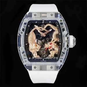 51-01 Montre de Luxe Mens Watches Tourbillon Motion Crystal Case Strap de caoutchouc Luxury montre des rameaux Relojes