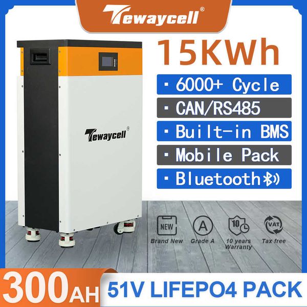 51.2V 300Ah 15KWh Powerwall Bluetooth LiFePO4 Batterie Pack 6000Cycles Buitl-in BMS CAN RS485 RS232 Moniteur Solaire EU US Tax Free