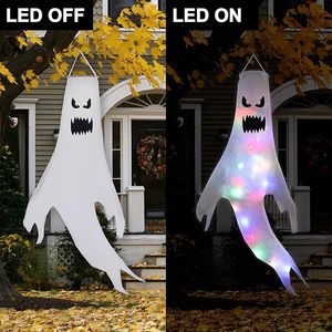 Calcetines de viento de fantasma de Halloween de 51 pulgadas con luz LED, decoraciones colgantes de fantasma, calcetines de viento con bandera para el hogar, patio, decoración al aire libre, suministros para fiestas