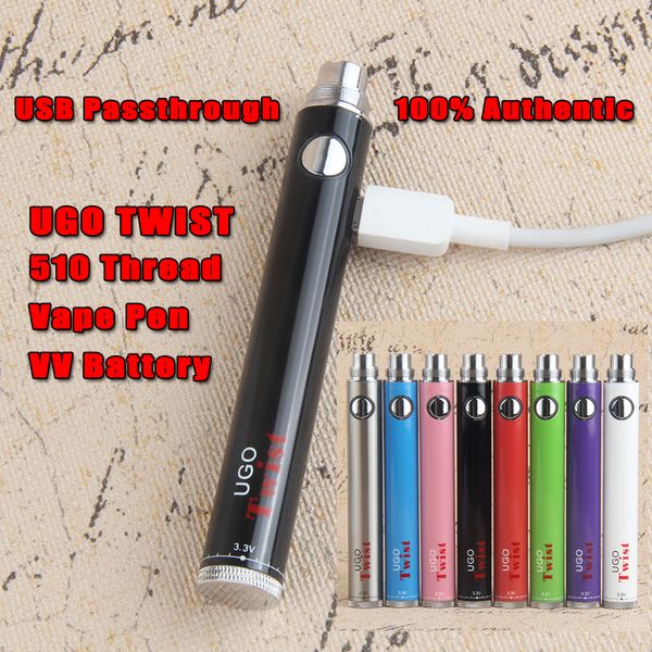 Authentique UGO Bottom Twist Micro USB Passthrough Vape 510 Thread Batterie Tension et chargeur réglables 650 900 mAh Ego Evod Vision VV Pen