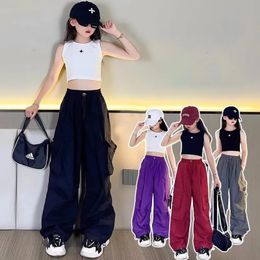 514Y enfants Hip Hop Joggers pantalons filles Cargo adolescent pantalon droit taille haute Vintage décontracté Streetwear Baggy 240323