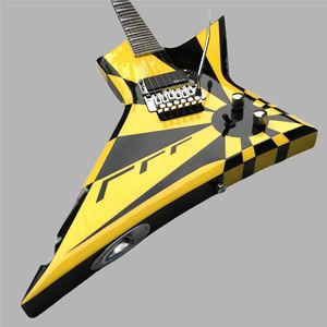 Jack Michael Sweet Flying V Stryper Black Jaune Stripe Guitar Guitare Floyd Rose Tremolo Bridge, Whammy Bar, China EMG Pickup, Chrome Hardware, Triangle Pearl Inclay