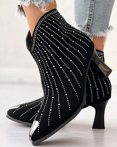 517 Heel Women Decor Dames Enkle Chunky Rhinestone Boots Shine Short Botas Side Zippointed Toe 240407 742