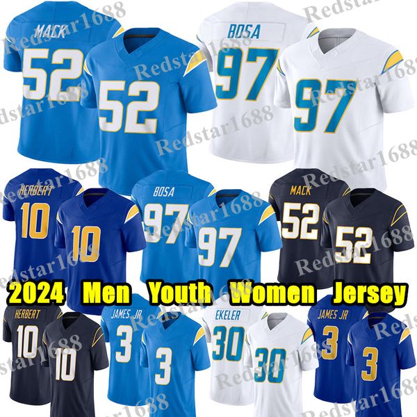 Maillot de football # 52 Khalil Mack # 10 Justin Herbert Derwin James Jr Keenan Allen Austin Ekeler Quentin Johnston Mike Williams J.C. Jackson Zion Johnson Joey Bosa maillots