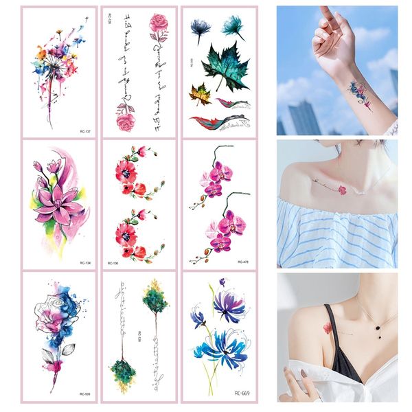 52 sortes aquarelle flore lavande imperméable faux tatouages temporaires femmes bras poitrine cheville autocollants Floral corps Art Tatto fleur
