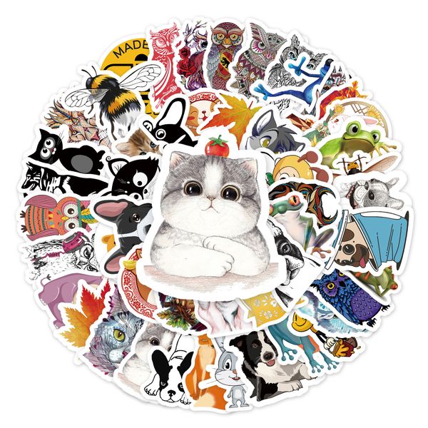 Autocollants animaux mignons en PVC, 52 pièces, décoration étanche, téléphone portable, skateboard, journal intime de voiture, dessin animé