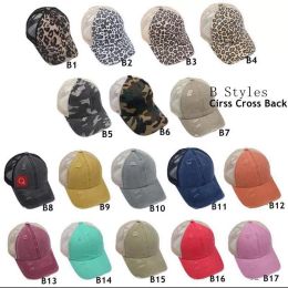 52 Estilos Sombreros Malla lavada Volver Leopard Camo Hollow Messy Bun Gorra de béisbol Sombrero de camionero Gorras de sol de verano Envío rápido 0406